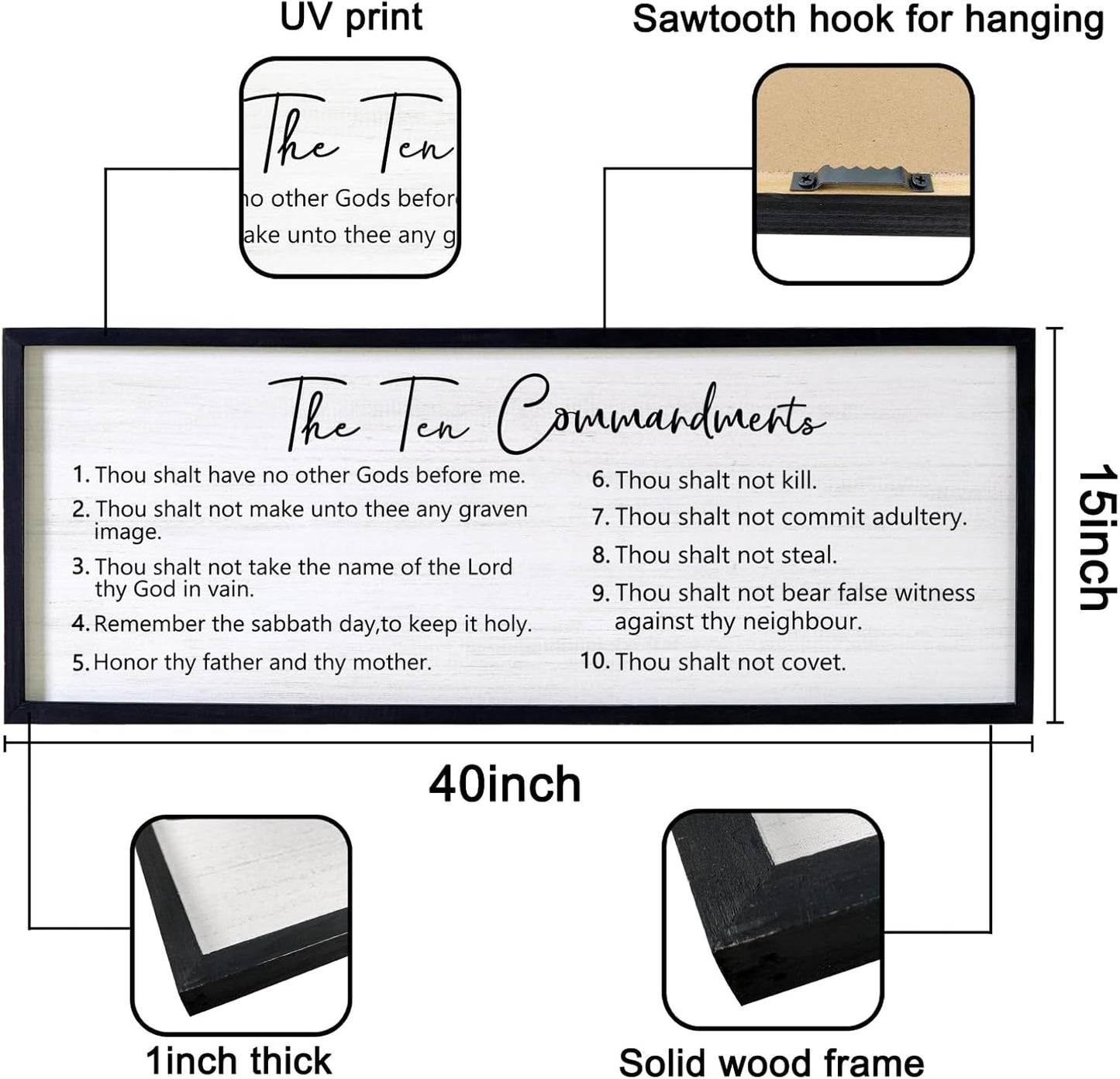 The Ten Commandments Rustic Bible Verse Framed Wall Art, 40''×15'' Positive Religious Christian Saying Sign for God Jesus Christ Prayer, Vintage Horizontal Holy Inspirational Catholic Scripture Decor