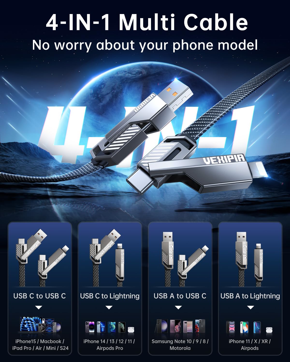 [Upgraded] Vexipia 4-in-1 Long USB C Cable 60W 10FT Lightning Cable Fast Charging Flat Nylon Braided for iPhone iPad Charger Cord[480Mbps Data Sync] Multi Charge Combo with Lightning/Type C/USB A Port