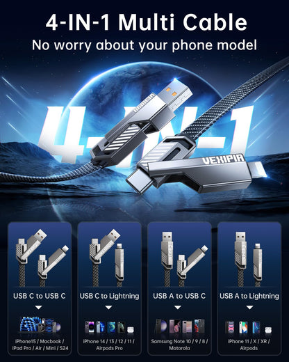 [Upgraded] 4-in-1 USB C Cable 240W 5FT Compatible with Lightning Cable [Fast Charging & Data Transfer] Flat Nylon Braided for iPhone iPad Charger Cord, Multi Charge Wire Combo with L/Type C/USB A Port