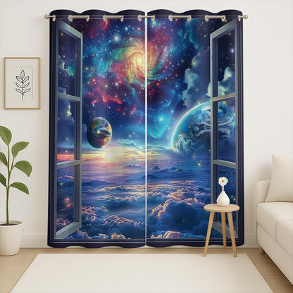 Space Galaxy Blackout Curtains for Girls Boys Kids Home Decor, Universe Nebula Galaxies Solar Planet Grommet Thermal Insulated Drapes Darkening Window Curtain for Bedroom Living Room, 42 x 45 Inch
