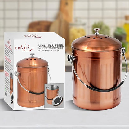 ENLOY Compost Bin for Kitchen Countertop, 1.3 Gallon Matte Copper Stainless Steel Compost Bucket with Lid, Odorless Food Waste Bucket with 2 Charcoal Filters, Indoor Compost Pail with SOFT-GRIP Handle