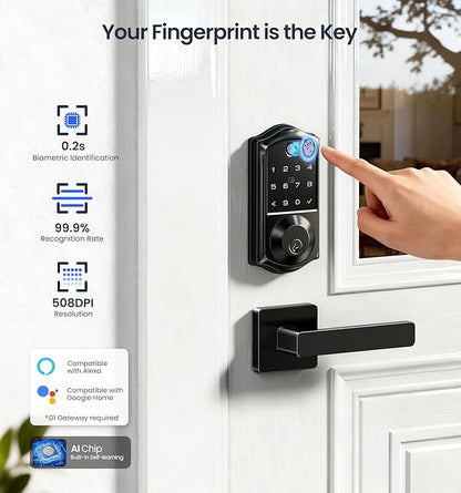 Veise VE017-B Fingerprint Smart Lock for Front Door, App Control, 8-in-1 Keyless Entry Deadbolt with 2 Zinc Alloy Lever Handles Set, Emergency Power Port, Auto Lock, Electronic Keypad, Black
