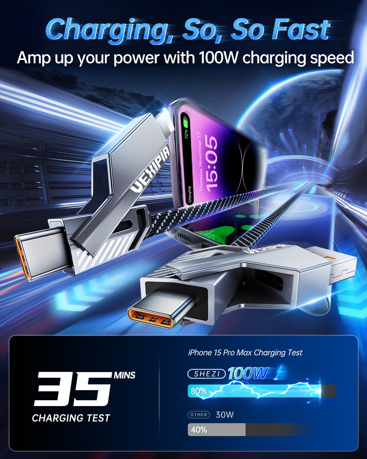 4-in-1 USB C Cable 100W 3FT Compatible with Lightning Cable [Fast Charging & Data Transfer] Flat Nylon Braided for iPhone iPad Charger Cord, Multi Charge Wire Combo with L/Type C/USB A Port