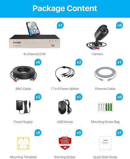 ZOSI 3K Lite 8CH Security Camera System Outdoor with 1TB Hard Drive,AI Human/Vehicle Detection,Night Vision,H.265+ 8 Channel 5MP Lite Video DVR Recorder,8X 1080P HD 1920TVL Weatherproof CCTV Cameras