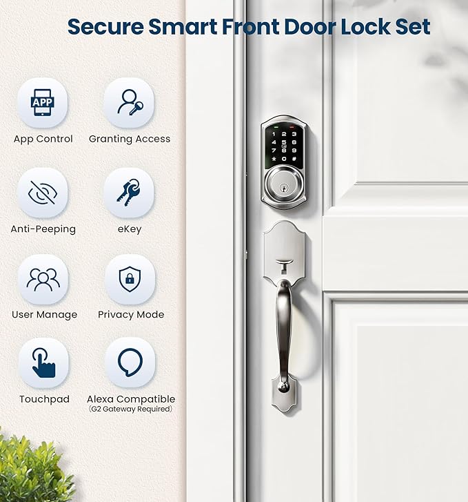 Veise VE06-H Smart Front Door Lock Set, App Control, Keyless Entry Deadbolt with Lever Handle, Electronic Digital Touchscreen Keypad, Auto Lock, Easy Install, Satin Nickel