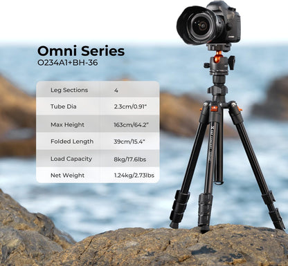 K&F Concept 64 inch/163cm Camera Tripod,Lightweight Travel Outdoor DSLR Tripods with 360 Degree Ball Head Load Capacity 8kg/17.6lbs,Cellphone Clip for Smartphone Live Streaming Vlog O234A1+BH-36