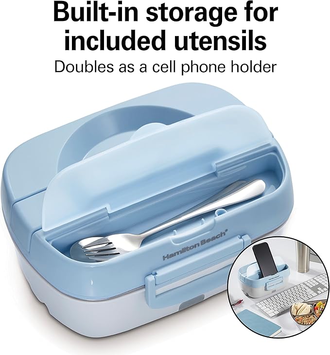 Hamilton Beach Portable Electric Lunch Box Food Warmer for Office & Car with 12V Adapter, 120V Plug, Stainless Steel 3 Compartment Tray, Insulated Carrying Bag, Fork & Spoon, Blue (33105)