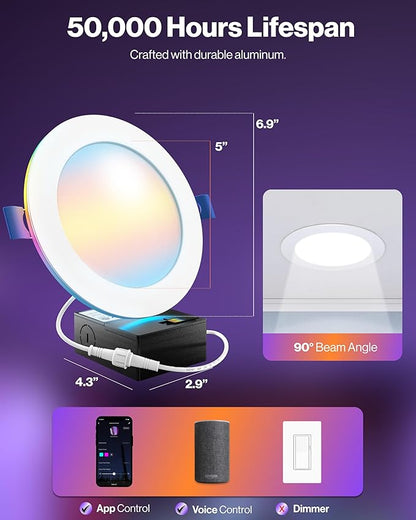 Sunco 6 Pack 6 Inch Smart Ultra Thin LED Recessed Ceiling Lights with Night Light, Tunable CCT 2700K to 6000K, Dimmable, 15W, Smooth Trim, Canless with Junction Box