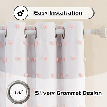MYSKY HOME 100% Blackout Curtains for Nursery Thermal Insulated Pink Pom Pom Curtains 72 Inch Length for Girls Bedroom 2 Panels Grommet White Sheer Curtains for Kitchen Dining Room Door, 52W x 72L