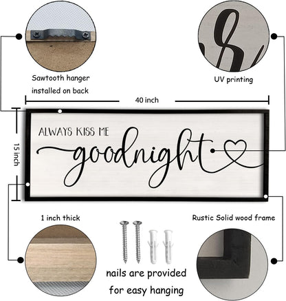 flowtorely Always Kiss Me Goodnight Wall Sign For Master Bedroom Above Bed Wall Decor 40''×15'' Large Rustic Solid Wood Frame For Farmhouse Couples Above bed Wall Art Decoration (Black)