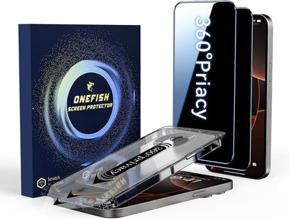 OneFish Screen Protector for iPhone 15Plus/16Plus Privacy, 4-Way 360° Anti-Spy Tempered Glass, 9H Hardness, HD Clear Anti-Fingerprint 3D Curved Edges, Case-Friendly & Easy Installation [2 Pack]