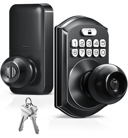 TEEHO TE003 Keyless Entry Keypad Door Lock with Handle, Electronic Digital Smart Locks for Front Door, Smart Door Knob with Code for Bedroom, Auto Lock, Passage Mode, Easy to Install, Matte Black