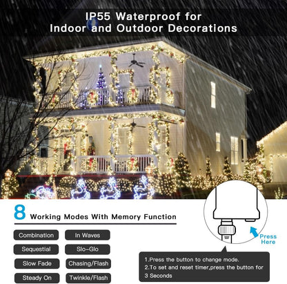 AmyHomie Warm White Christmas Lights, 108Ft 300LED Plug-in Christmas String Lights,8 Modes Waterproof Fairy String Lights for Outdoor & Indoor Christmas Tree Home Patio Garden Party Wedding Decor