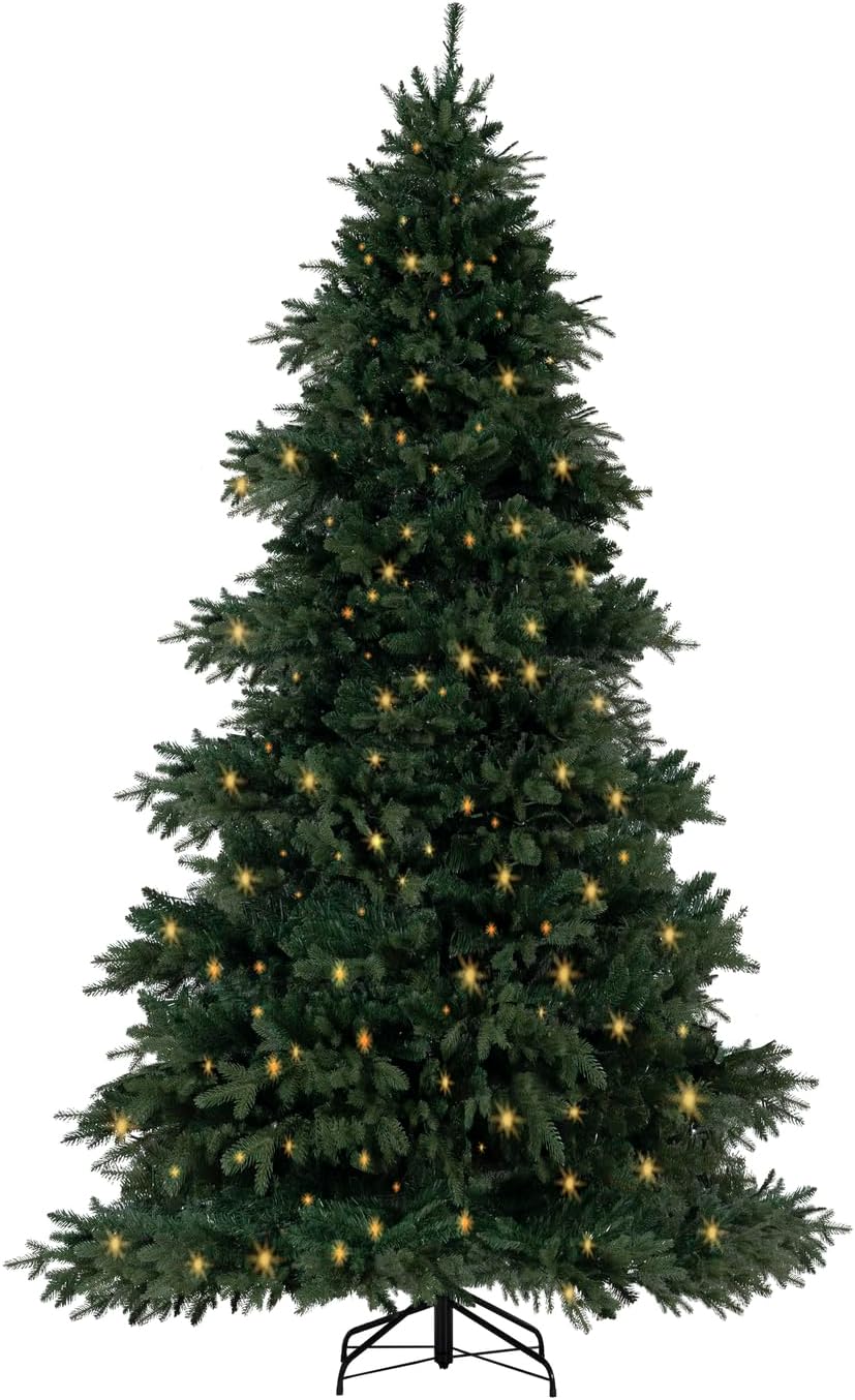 Naomi Home 7.5ft Rustic Christmas Tree with Lights, Realistic Classic Prelit with 3661 Branch Tips, 800 Warm Lights and Metal Stand, Aritificial Tree