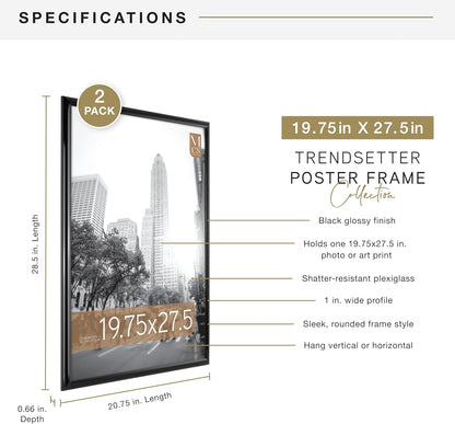 MCS Trendsetter 19.75x27.5 Poster Frame Black High-Gloss, Vertical & Horizontal Wall Hanging Large Picture Frame for Photos, Posters & Art Prints (2-Pack)