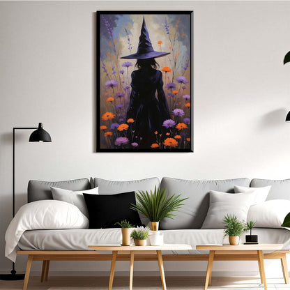 JFHCQJPK Country wildflower witch canvas print halloween mashup art witch purple decoration bohemian elegant art poster8x12in Metal blackFramed