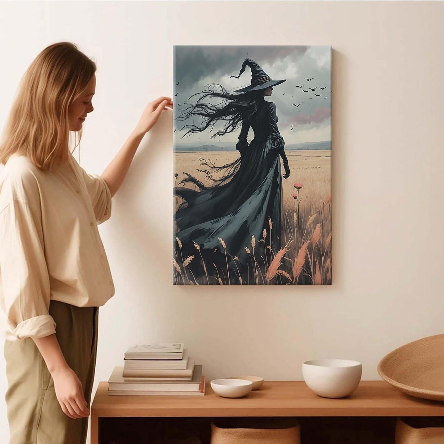 Gothic Decor Canvas Wall Art Witch in Rice Field Halloween Art Decor Print Nature Print Victorian Home Bedroom8x12in Wood Framed
