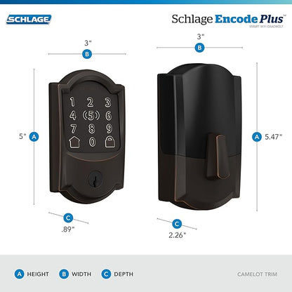 Schlage Encode Plus Smart Wi-Fi Lock for Front Door, Keyless Entry Deadbolt, Unlock with Apple Watch, Built-in WiFi and App Control, Easy Install, Alexa & Apple HomeKit Compatible, Aged Bronze
