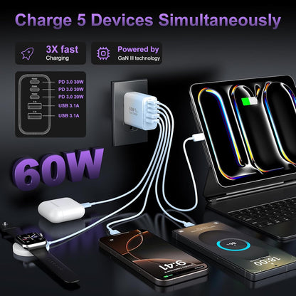 USB C Fast Wall Charger Block, 2Pack 60W USBC Charging Cubes, 5-Port PD+QC Power Adapter Multiport Brick Type C Box Plug for Phone 16/15/14/13/12/11/Pro Max/Plus, Pad Mini/Pro/S25/S24