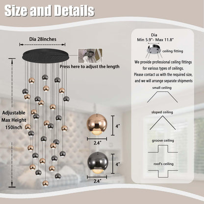 Farmhouse Crystal Chandelier, Luxury Hanging Lights High Ceiling Pendant Lighting for Foyer Staircase 32 Lights Black and Gold Dimmable 2700k-6000k