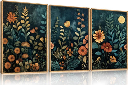 Celestdeco Vintage Dark Botanical Framed Canvas Wall Art Set, Colorful Floral Wall Decor, Nature Wildflower Wall Painting, Colorful Blossom Art Prints for Living Room, Bedroom, Office - 24"X36"X3