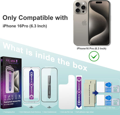 2 Pack Screen Protector Tempered Glass for iPhone 16 Pro 6.3-Inch Auto Dust Removal, No Bubbles, High Definition Clear, Easy Installation