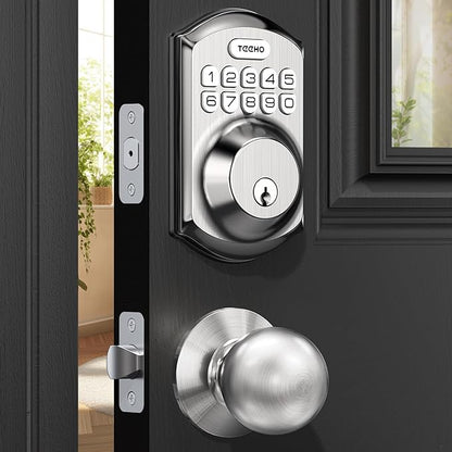 TEEHO TE001K Keyless Entry Door Lock with Handle, Electronic Keypad Deadbolt with 2 Knobs, High-Security Front Door Handle Set for Home & Rental, Smart Auto-Locking, Easy Install, Satin Nickel