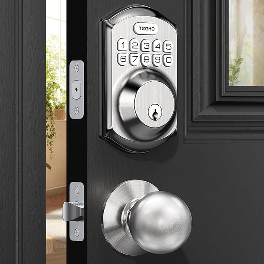 TEEHO TE001K Keyless Entry Door Lock with Handle, Electronic Keypad Deadbolt with 2 Knobs, High-Security Front Door Handle Set for Home & Rental, Smart Auto-Locking, Easy Install, Satin Nickel