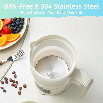 Portable Electric Kettle-600ML Collapsible Electric Kettle，600W Travel Water Boiler with 4-Temp Presets, Food Grade Silicone for Camping,Hotel, Office