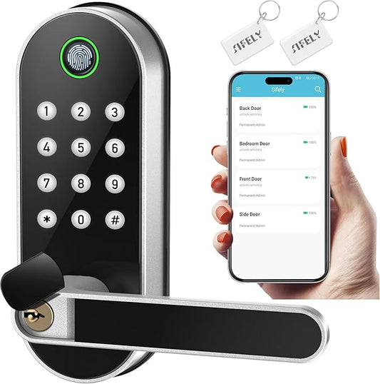 Fingerprint Smart Door Lock with Handle & Keypad – Bluetooth Keyless Entry for Front Door, Home, Kids, Guests, Airbnb & Rental, App + Code Access, Compatible with Alexa & Google, Easy DIY Install