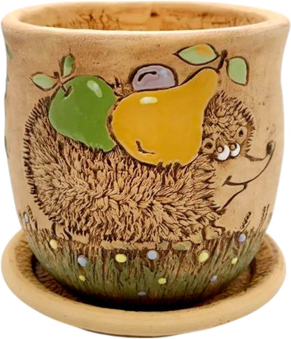 Ceramic Pot with Drainage Hole and Saucer, Plant Pots, Modern Decorative Planters for House Plants Indoor Flowers Plants, Cute Flower Pot - Gifts (Hedgehog (1.7 L))