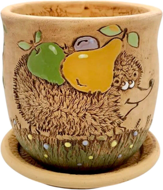 Ceramic Pot with Drainage Hole and Saucer, Plant Pots, Modern Decorative Planters for House Plants Indoor Flowers Plants, Cute Flower Pot - Gifts (Hedgehog (0.7 L))
