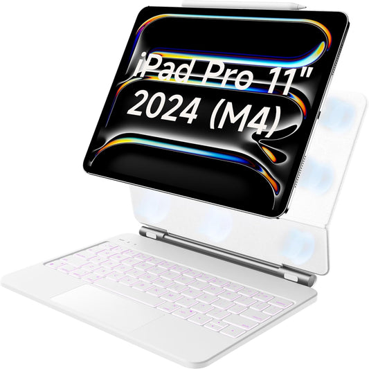 HOU iPad Pro 11 Inch Case with Keyboard(M4,2024,ONLY),iPad Pro 11 Inch (5th Gen) Keyboard Case,Multi-Touch Trackpad,7 Colors Backlight,Easy-Set Magnetic Stand,QWERTY White