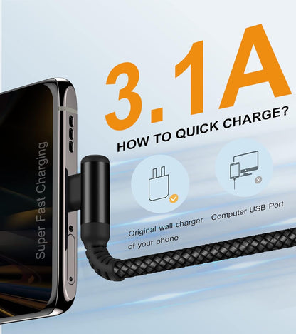 sweguard USB C Cable Right Angle [3Pack, 10FT+6.6FT+3.3FT], USB Type C iPhone 16 Charger Cable Nylon Braided Cord for iPhone 15 16 Pro Max Plus, Samsung Galaxy S25 S24 S23 S22 S21 S10 Note 20 10,Moto