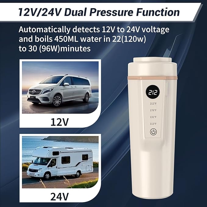Car Electric Kettle 12V/24V Dual Voltage, Protable Travel Electric Kettle, Small Water Boiler with 4 Temp Control, 316 Stainless Steel,16oz(Beige