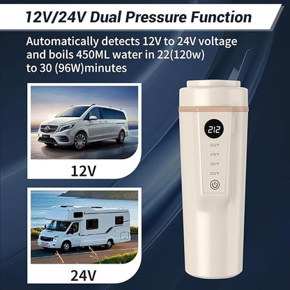 Car Electric Kettle 12V/24V Dual Voltage, Protable Travel Electric Kettle, Small Water Boiler with 4 Temp Control, 316 Stainless Steel,16oz(Beige