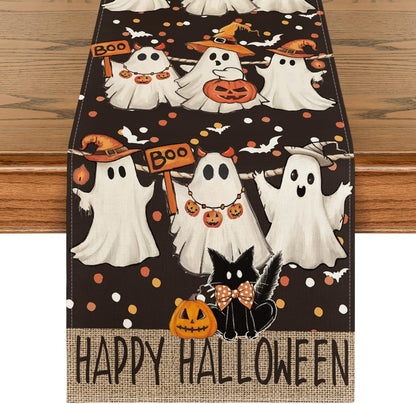 Artoid Mode Ghost Jack-O'-Lantern Black Cat Halloween Table Runner,Holiday Kitchen Dining Table Decoration for Home Party Decor 13 x 72 Inch
