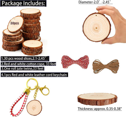 SENMUT Natural Wood Slices 30pcs 2.0"-2.45" Predrilled Wood Circles for Crafts Christmas Wood Slices for Crafts Round Wooden Discs DIY Wood Ornament
