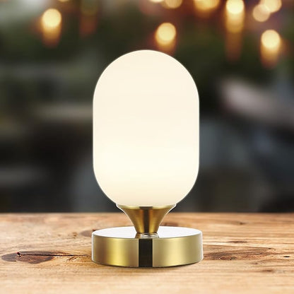 JONATHAN Y 8" Brass Gold/White Modern Rechargeable Integrated LED Table Lamp, Portable Cordless Accent Light with White Frosted Glass Shade, Dimmable Touch Sensor (JYL7111C)