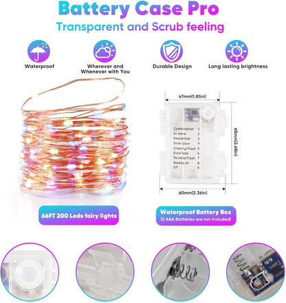 4 Pack 65.6 Ft. Battery Operated Outdoor String Lights with Remote & Timer, LED Multi Color Fairy Lights, Waterproof Twinkle Lights for Bedroom, Dorm, Mason Jar, Wedding, Party, Christmas