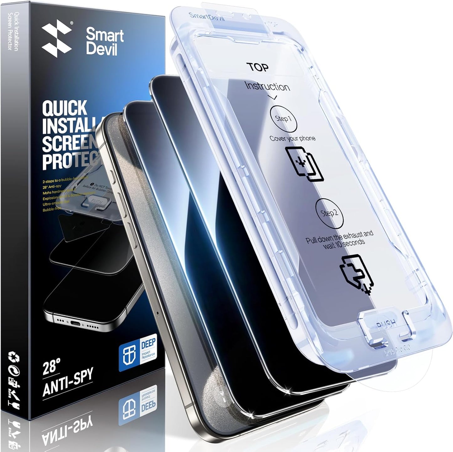 SMARTDEVIL 2PACK Privacy Screen Protector for iPhone 15 Pro Max Shatterproof Tempered Glass [True 28°Anti Spy] [9H Hardness] [Auto Dust-Elimination Install], [Bubble Free]