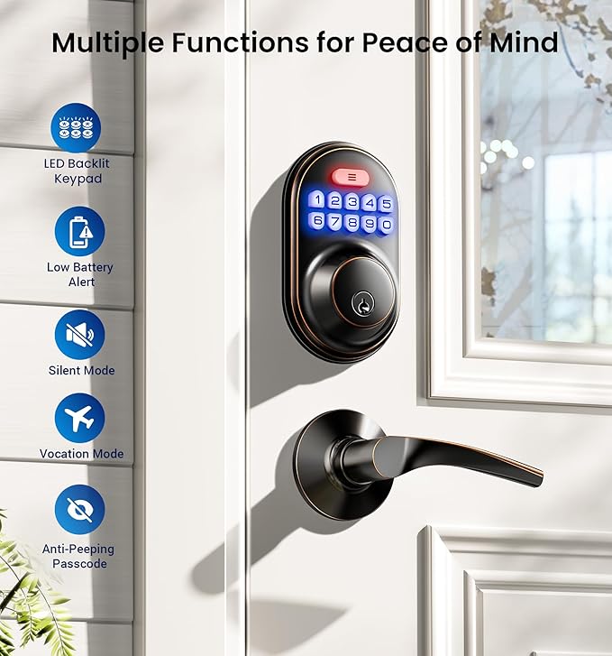 Veise Keyless Entry Door Lock with 2 Lever Handles - Electronic Keypad Deadbolt, Auto Lock, Back Lit & Easy Installation Design, Front Door Handle Sets, Oil Rubbed Bronze