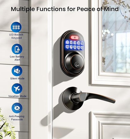 Veise Keyless Entry Door Lock with 2 Lever Handles - Electronic Keypad Deadbolt, Auto Lock, Back Lit & Easy Installation Design, Front Door Handle Sets, Oil Rubbed Bronze