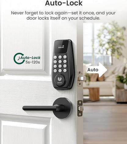 DESLOC C100 Keyless Entry Door Lock with 2 Lever Handles, Smart Deadbolt Lock for Front Door with 2 Keys, Auto Lock, 100 PIN Codes, Passage Mode, IP54 Waterproof, 12 Months Battery,Black
