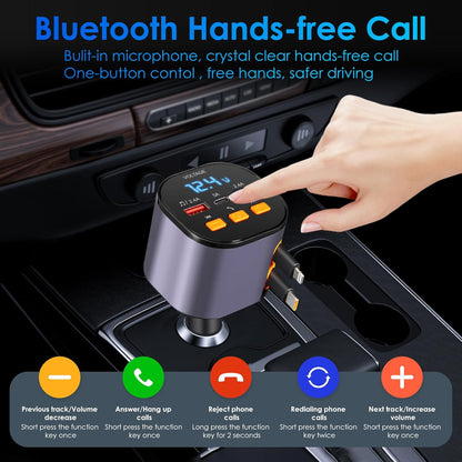 Retractable Car Charger,5 in 1 Fast Car Phone Charger 90W,Bluetooth 5.3 FM Transmitter Adapter,Handsfree Call,2 Retractable Cables and USB Cars Chargers for iPhone 15/14/13 (Purplr)