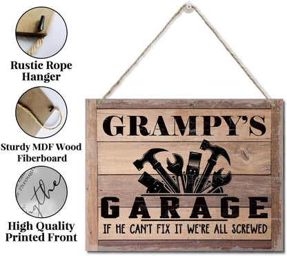 Rustic Sign, Father's Day Gift, Dad's Gift, Grandpa's Gift, Decor Hanging Wood Signs, Printed Wood Wall Art Sign, Grampy's Garage, If He Can't Fix It We're All Screwed, Vintage Sign Gift for Grandpa