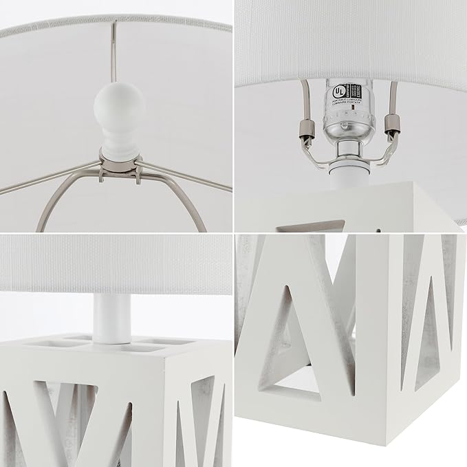 JONATHAN Y 21.5" White Farmhouse Wood Table Lamp for Bedside and Living Room, White Linen Drum Shade, Rustic Modern Desk Lamp for Bedroom, LED Bulb Included (JYL1062B-SET2)