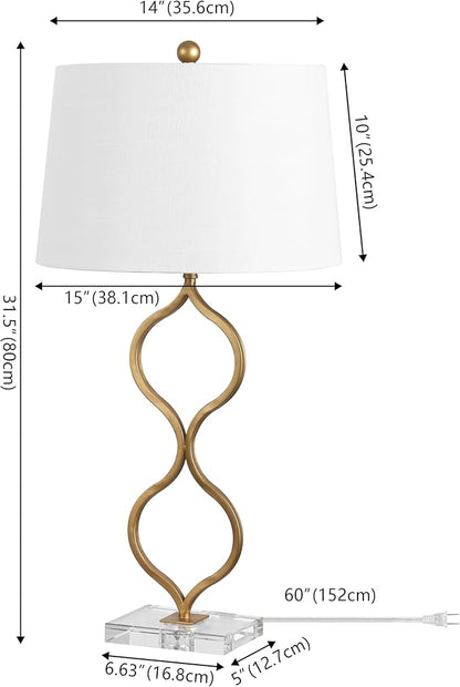 JONATHAN Y 31.5" Gold Curved Metal and Crystal Table Lamp, Modern Glam Bedside Lamp with White Linen Drum Shade for Living Room and Bedroom, LED Bulb Included JYL3028A