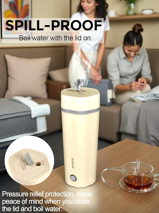 balbali Travel Kettle - 12oz Portable Electric Kettle for Boiling Water - Self Heating Cup/Thermos - Single Size Personal Tea Maker -Hot Water Boiler/Heater/Warmer - Yellow