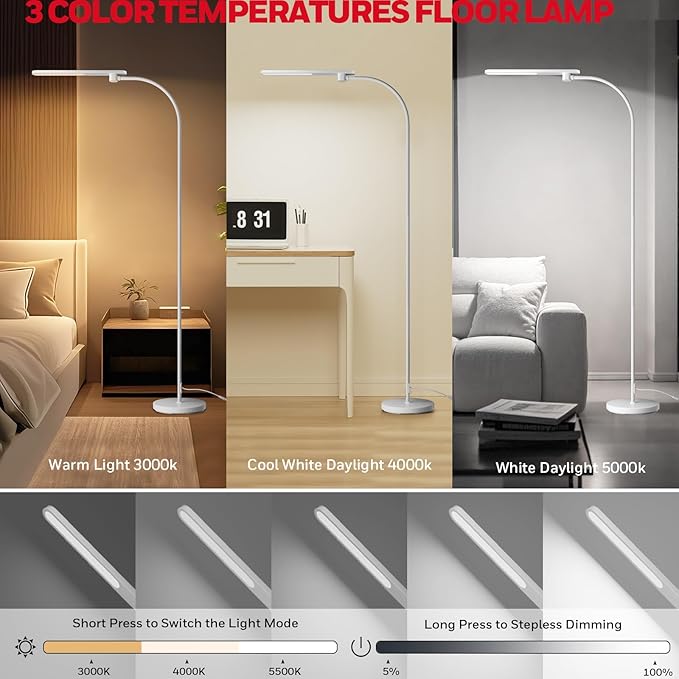 Honeywell F4 Sunturalux LED Floor Lamp with Remote Control, CRI 97 Eye-Caring Stepless Dimmable Task Light, Flexible Gooseneck Reading Lamp for Living Room & Office